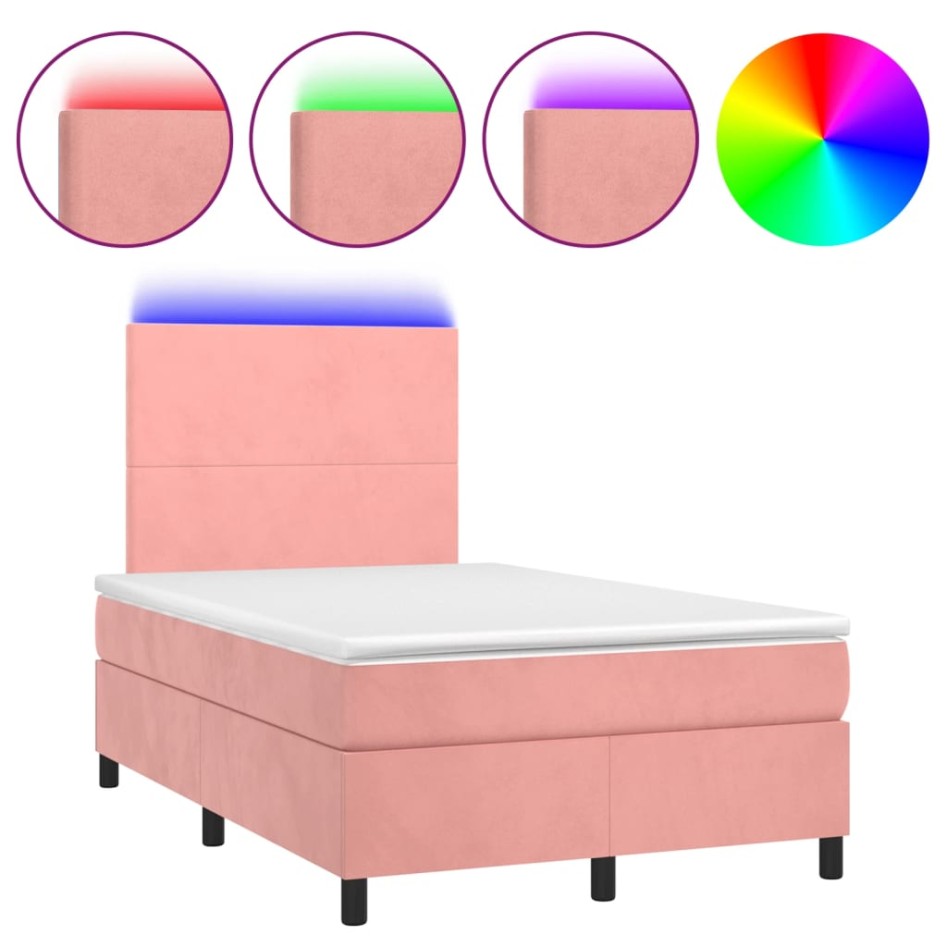 Cama box spring con colchón y LED terciopelo rosa 120x190