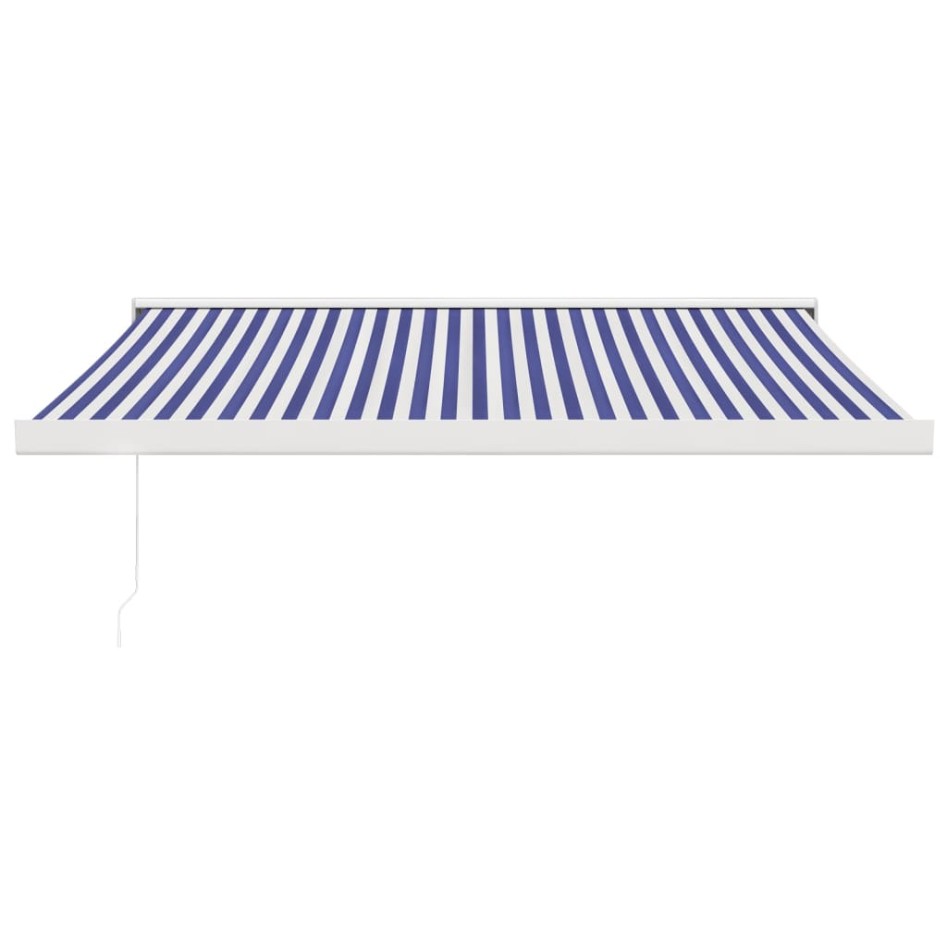 Toldo retráctil aluminio y tela azul y blanco 3x2,5