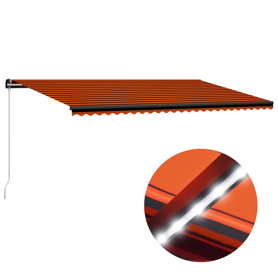 Toldo manual retráctil con luz LED naranja y marrón 600x300
