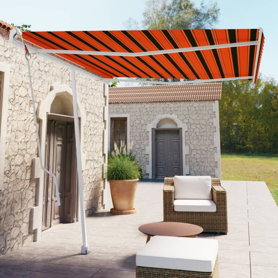 Toldo de pie automático naranja y marrón 300x250