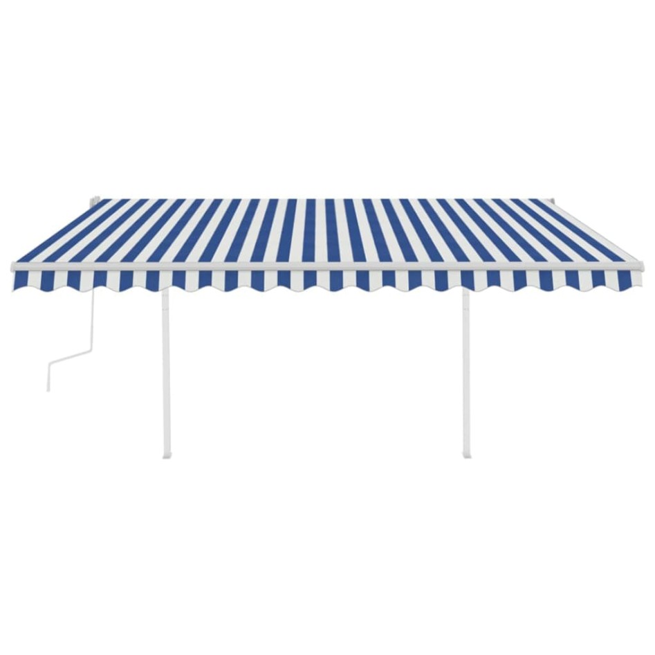 Toldo manual retráctil con postes azul y blanco 4x3,5