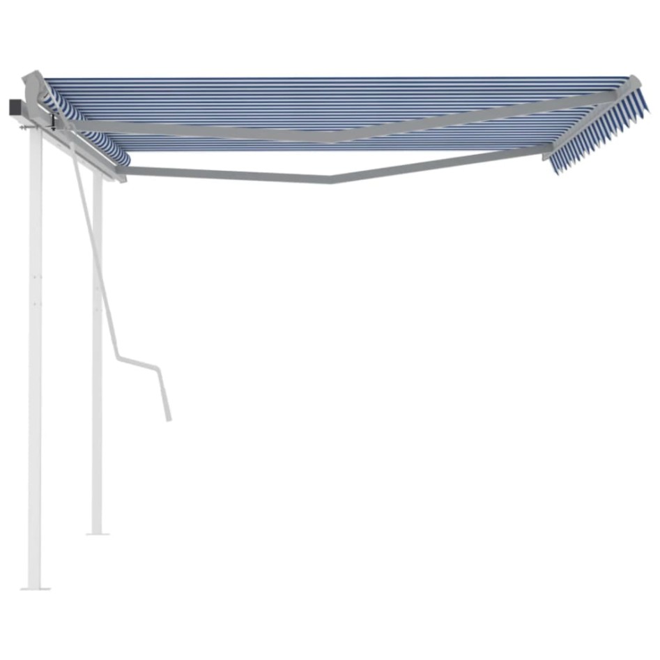 Toldo manual retráctil con postes azul y blanco 4x3,5