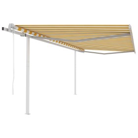Toldo retráctil automático con postes amarillo y blanco 4x3,5