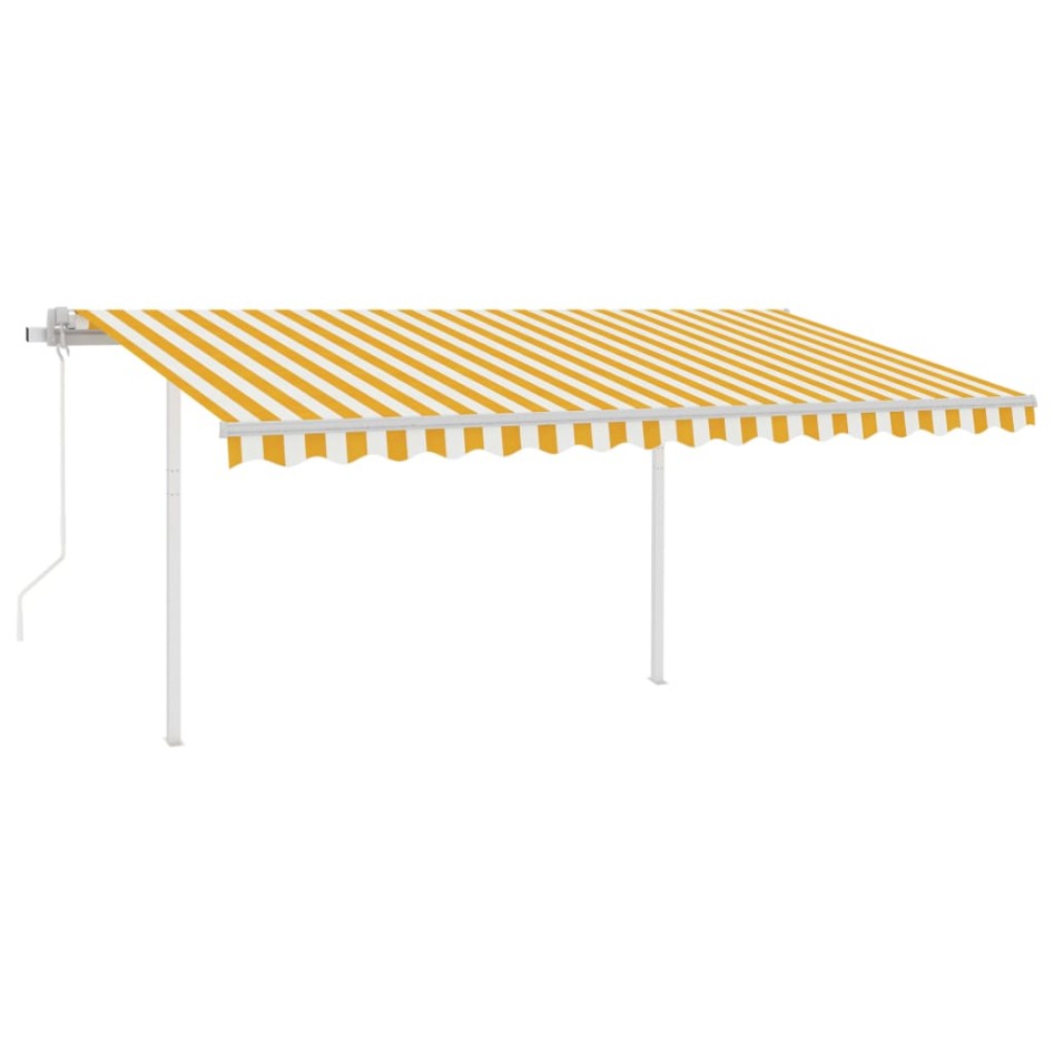 Toldo retráctil automático con postes amarillo y blanco 4x3,5