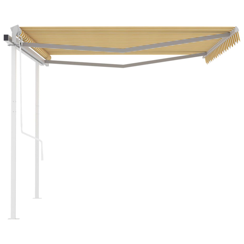 Toldo retráctil automático con postes amarillo y blanco 4x3,5