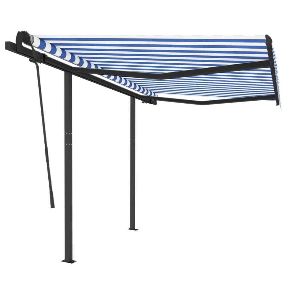 Toldo retráctil automático con postes azul y blanco 3,5x2,5