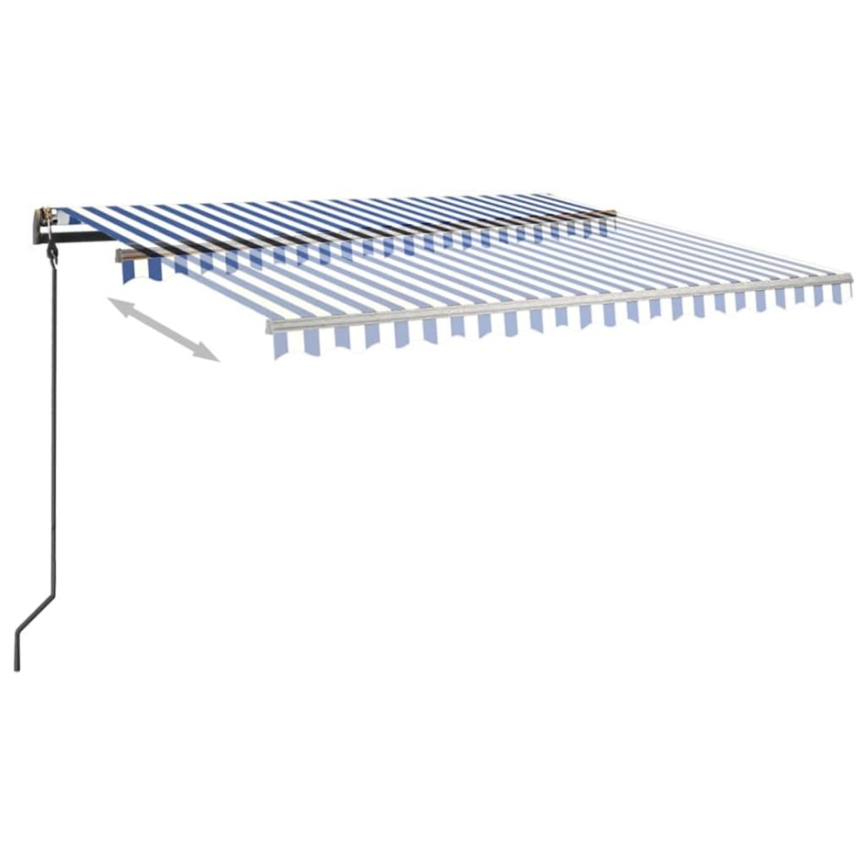 Toldo automático retráctil con postes azul y blanco 4,5x3