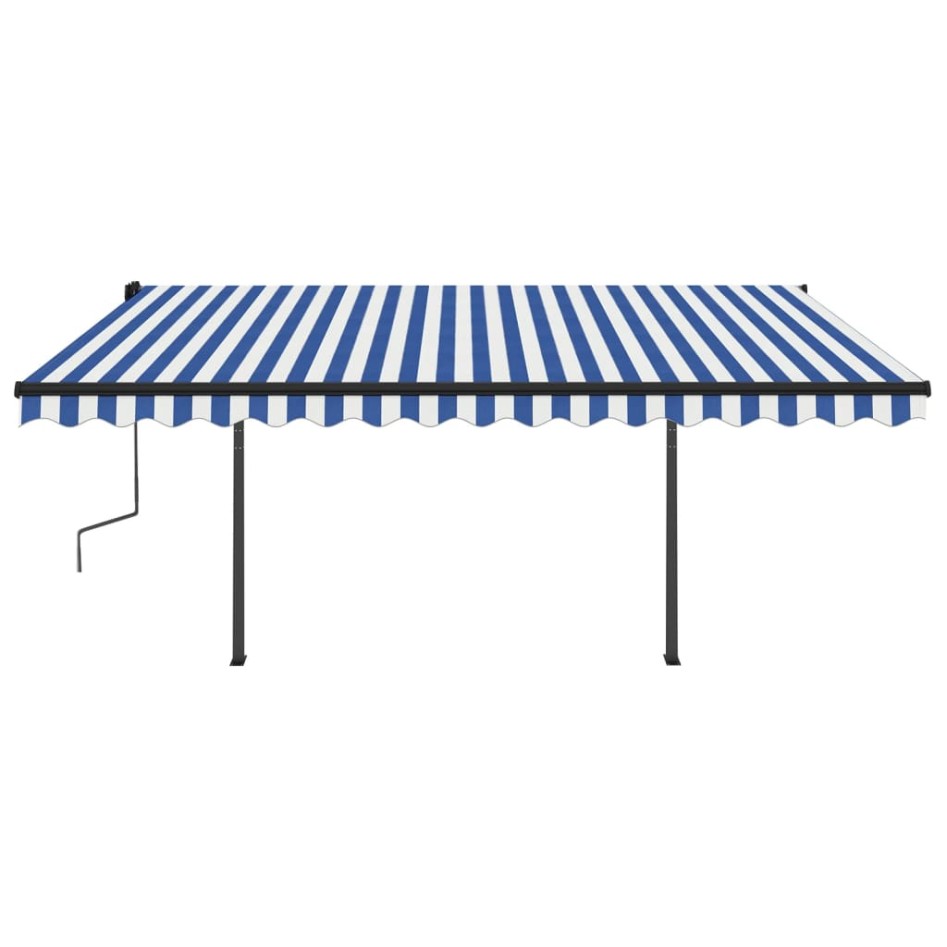 Toldo automático retráctil con postes azul y blanco 4,5x3