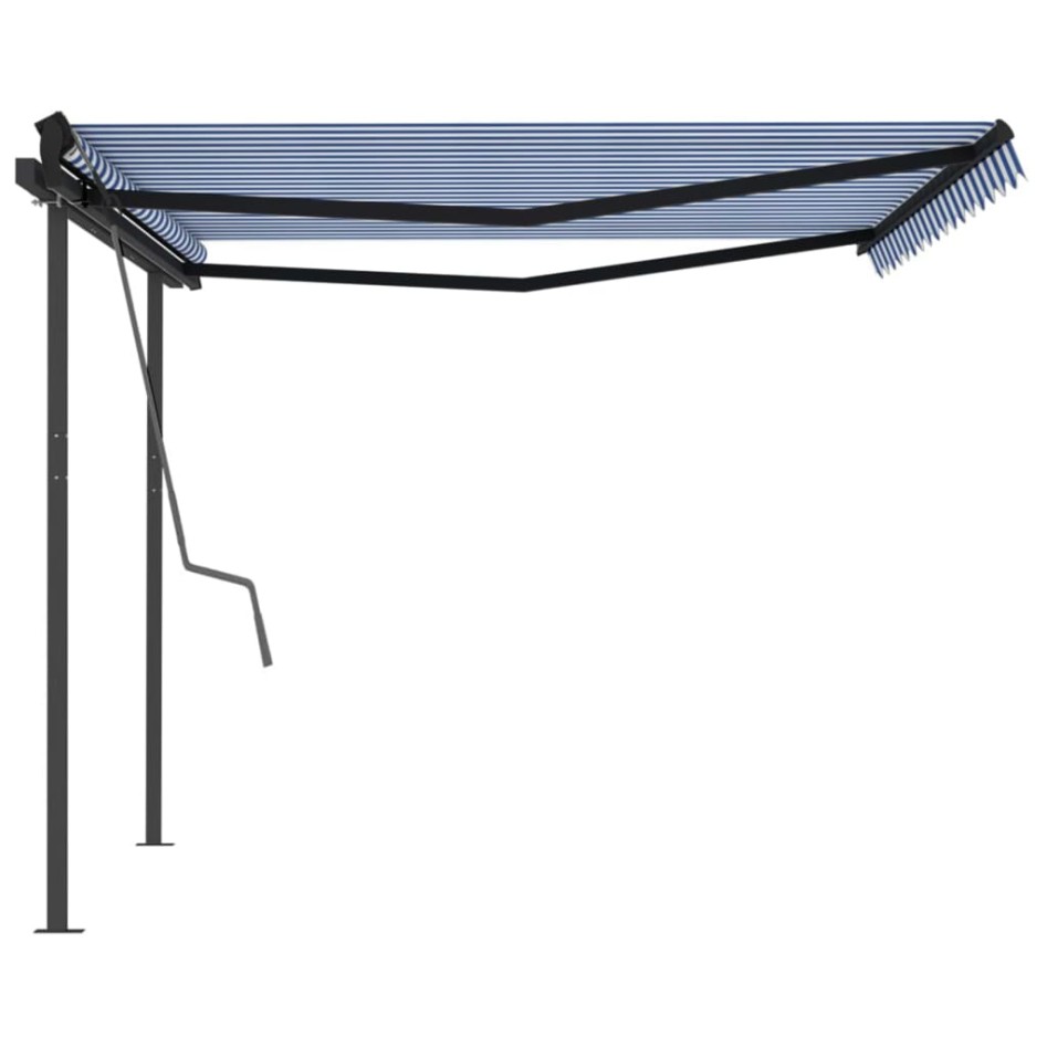Toldo automático retráctil con postes azul y blanco 4,5x3