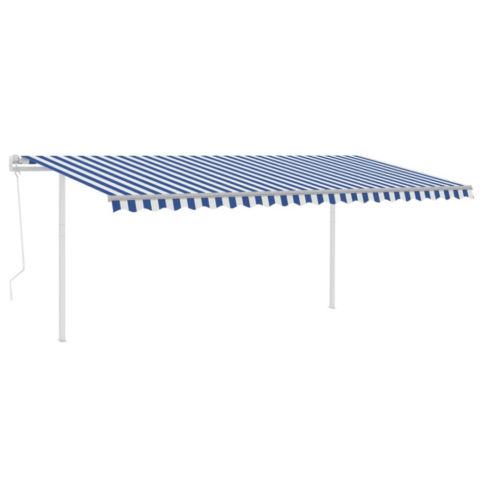 Toldo manual retráctil con postes azul y blanco 5x3