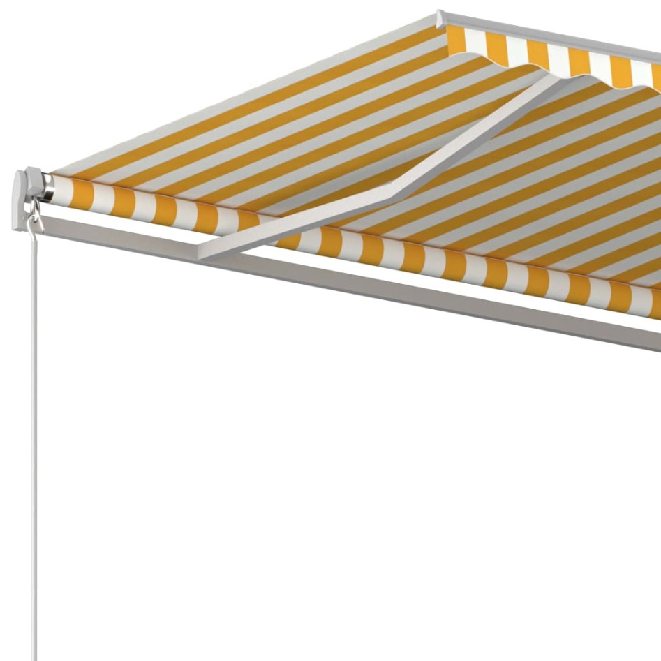 Toldo retráctil automático con postes amarillo y blanco 5x3,5