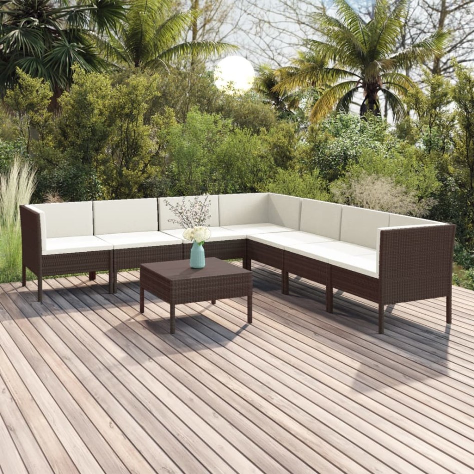 Set muebles de jardín 8 pzas y cojines ratán sintético