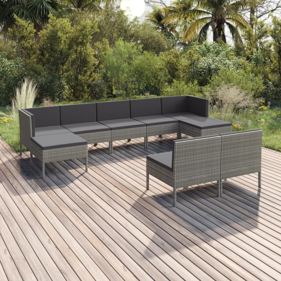 Set de muebles de jardín 9 pzas y cojines ratán sintético