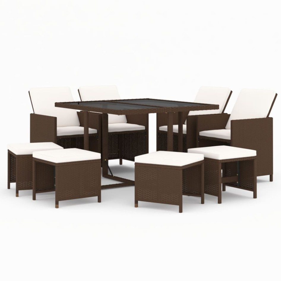 Set de comedor jardín 9 pzas y cojines ratán sintético