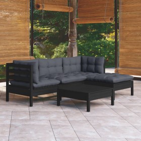 Muebles de jardín 5 pzas con cojines negro madera de