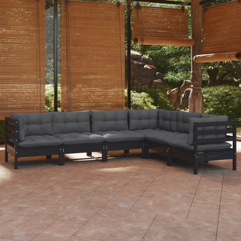 Muebles de jardín 6 pzas y cojines negro madera maciza de