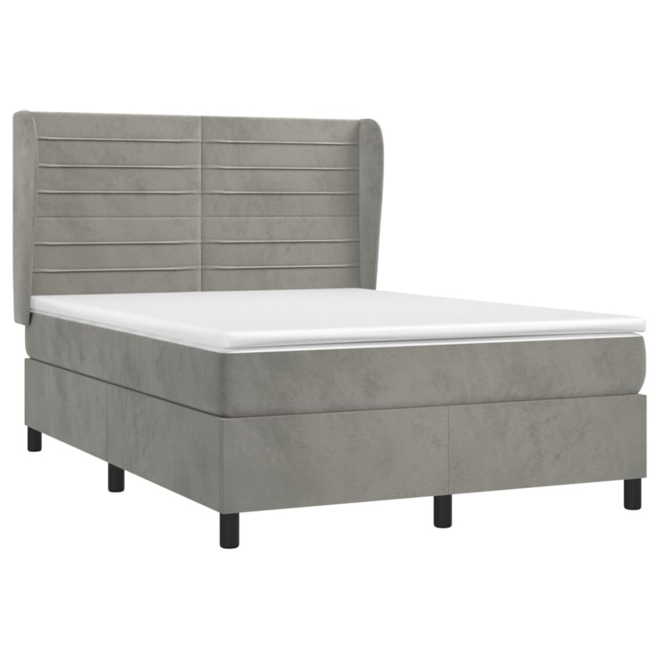 Cama box spring con colchón terciopelo gris claro 140x190