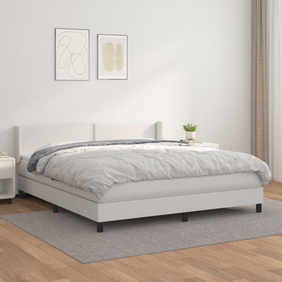 Cama box spring con colchón cuero sintético blanco 160x200