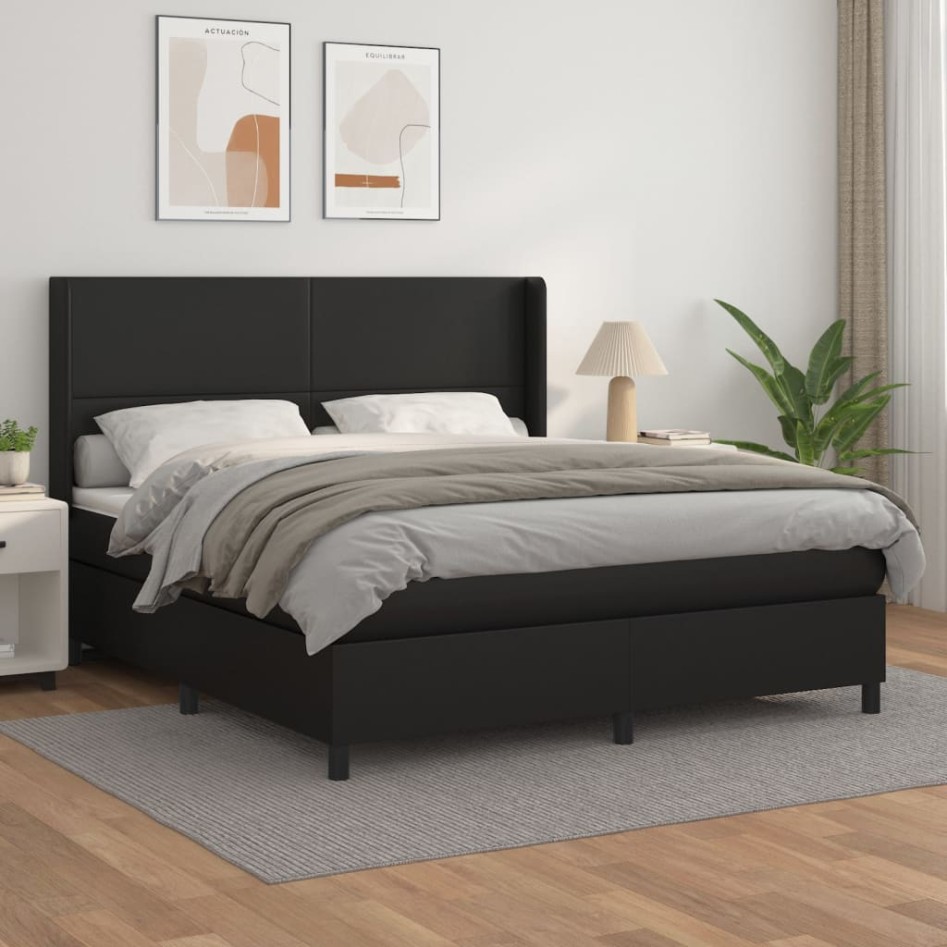 Cama box spring con colchón cuero sintético negro 160x200