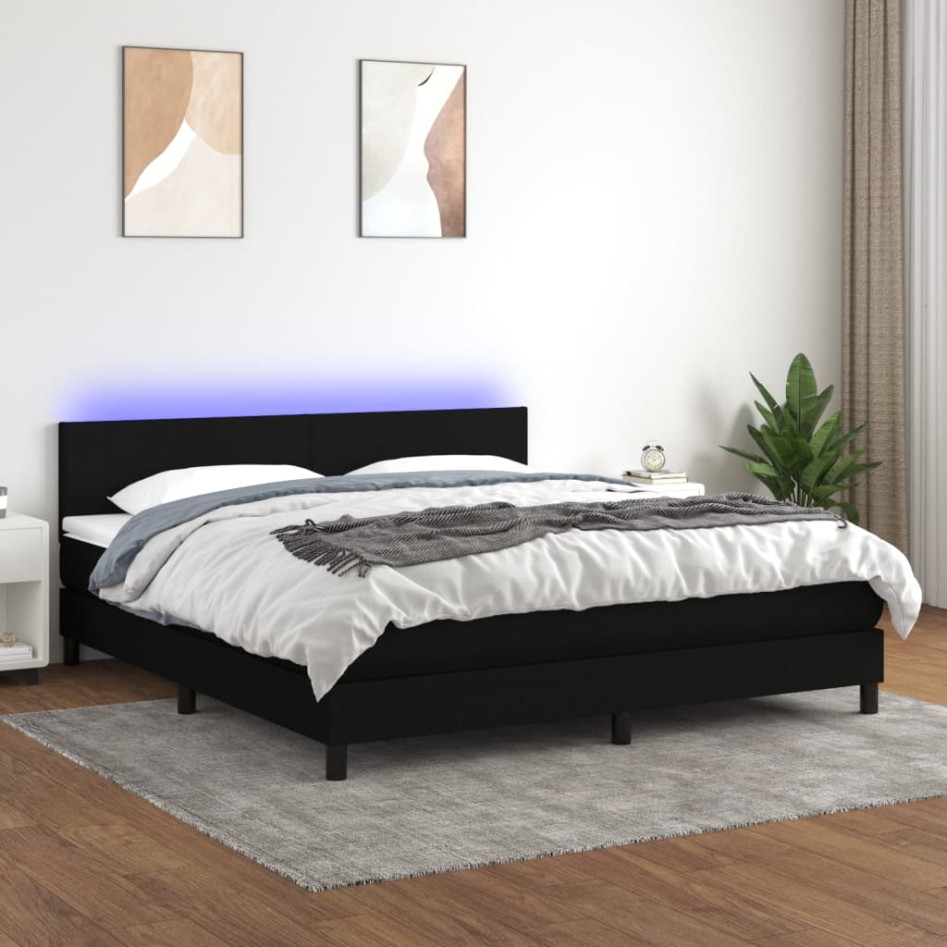 Cama box spring con colchón LED tela negro 160x200