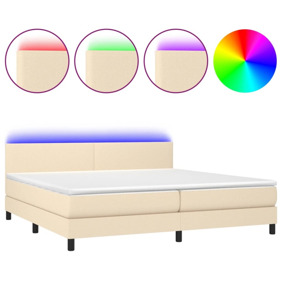 Cama box spring con colchón y LED tela crema 200x200