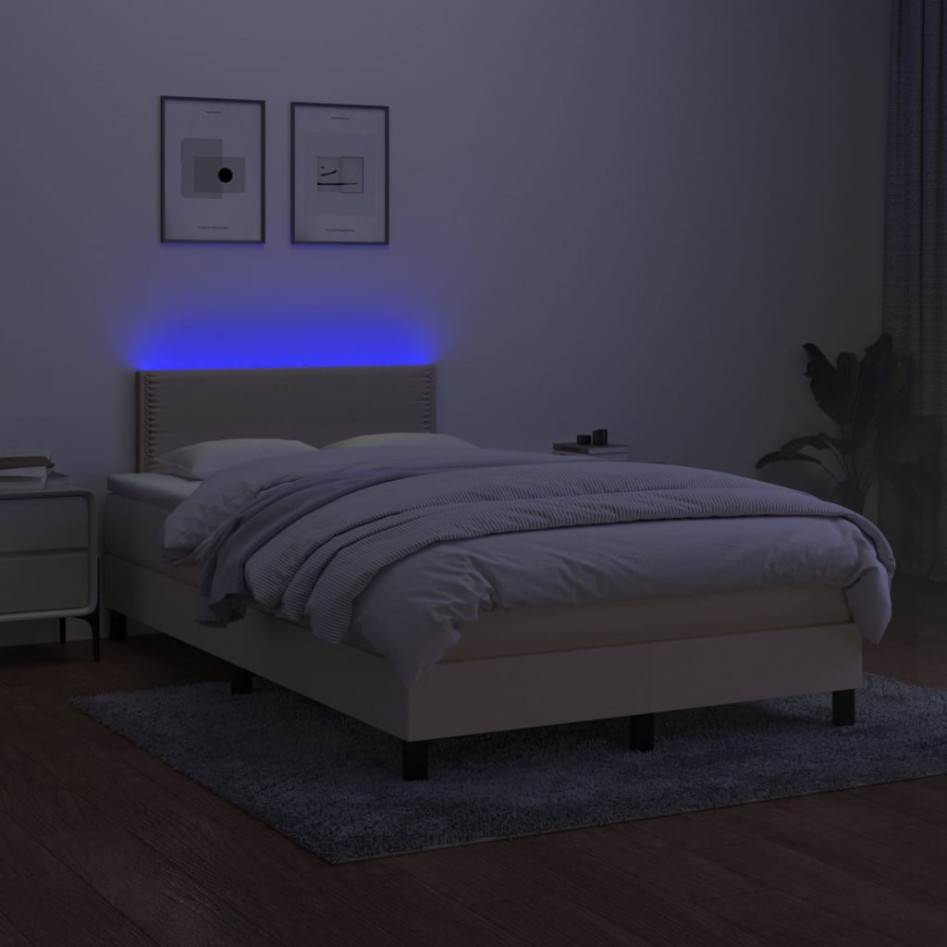 Cama box spring con colchón y LED tela crema 120x200
