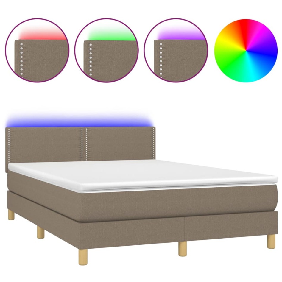 Cama box spring colchón y luces LED tela gris taupe 140x190