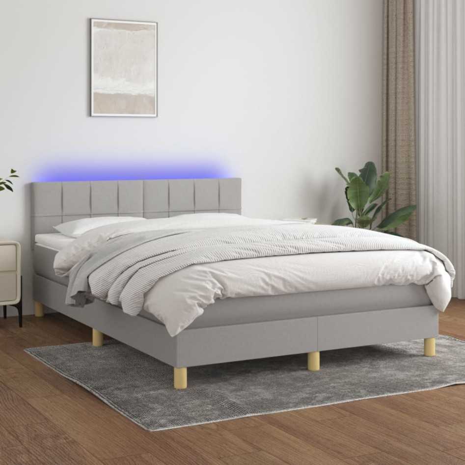 Cama box spring colchón y luces LED tela gris claro 140x200
