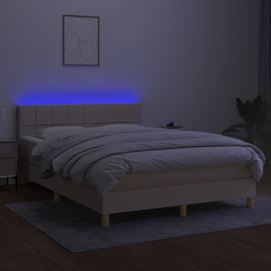 Cama box spring con colchón y LED tela crema 140x200