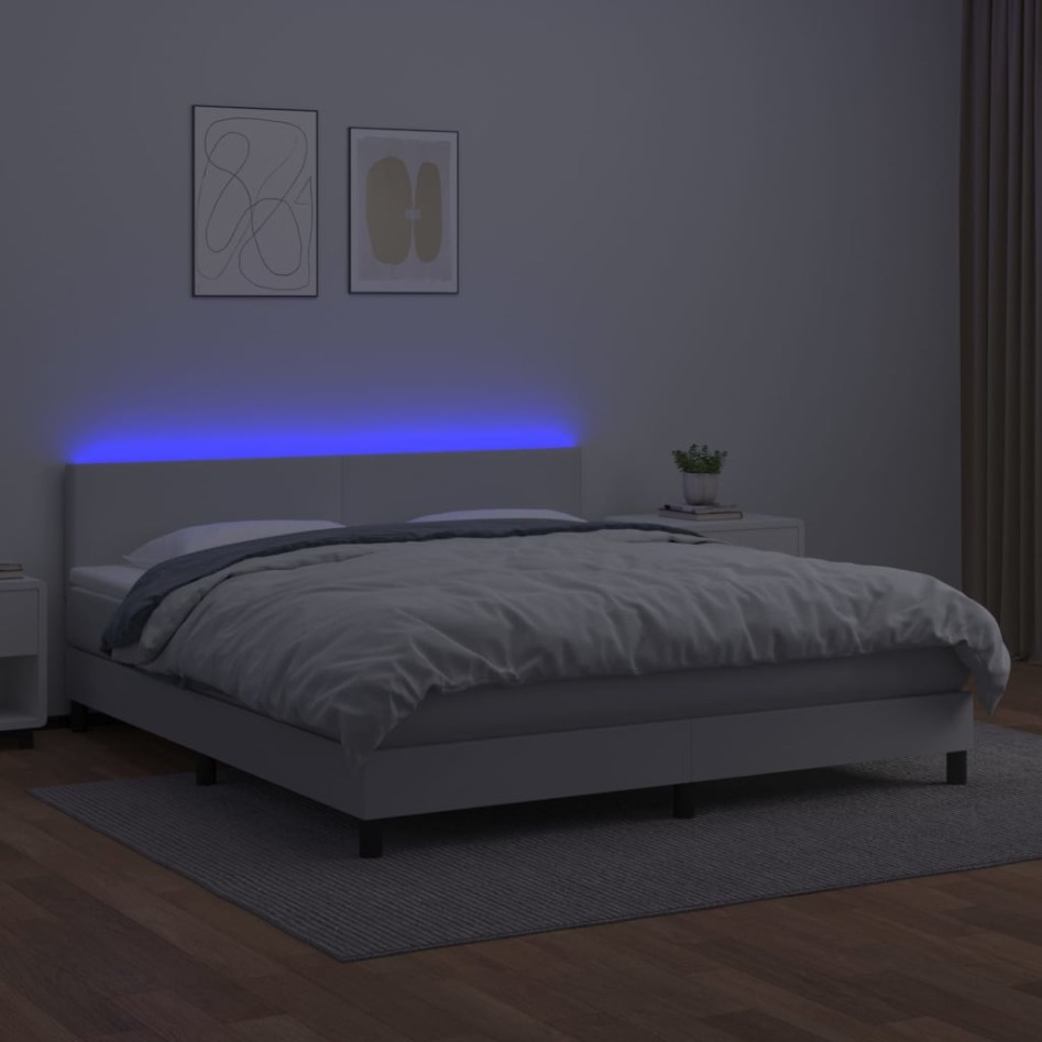 Cama box spring colchón y LED cuero sintético blanco 160x200