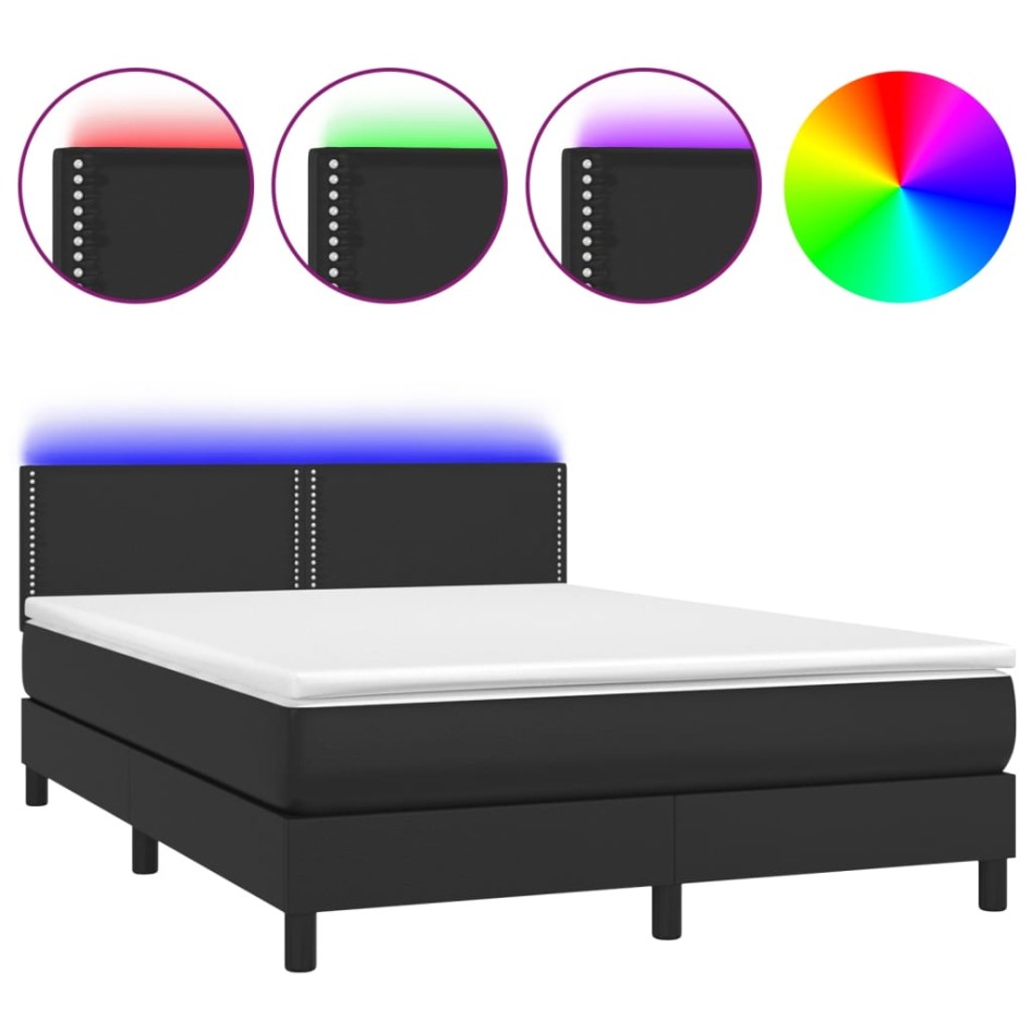 Cama box spring colchón y LED cuero sintético negro 140x190