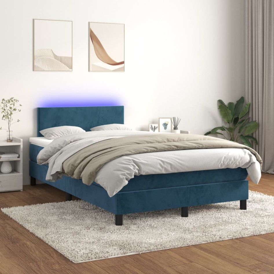 Cama box spring colchón y LED terciopelo azul oscuro 120x200