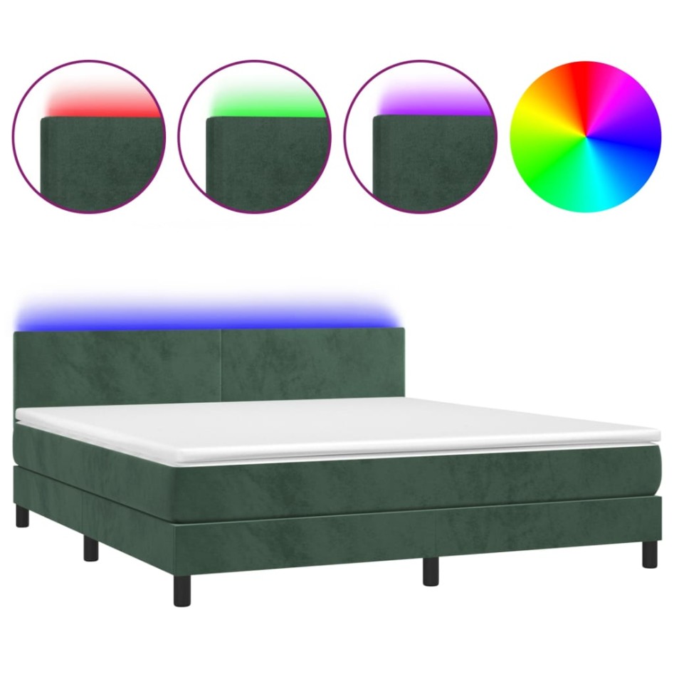 Cama box spring colchón y LED terciopelo verde oscuro