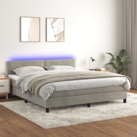 Cama box spring colchón y LED terciopelo gris claro 160x200