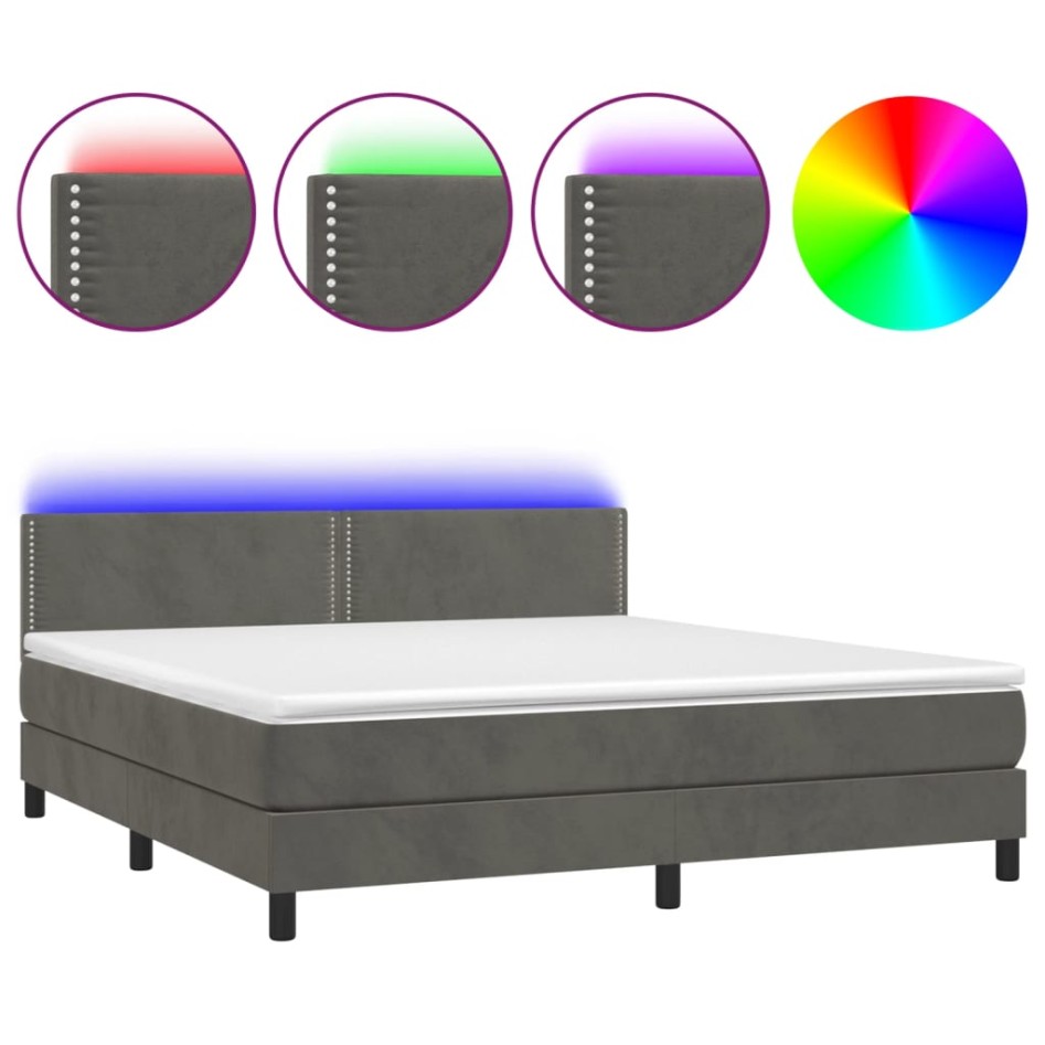 Cama box spring colchón y LED terciopelo gris oscuro 180x200