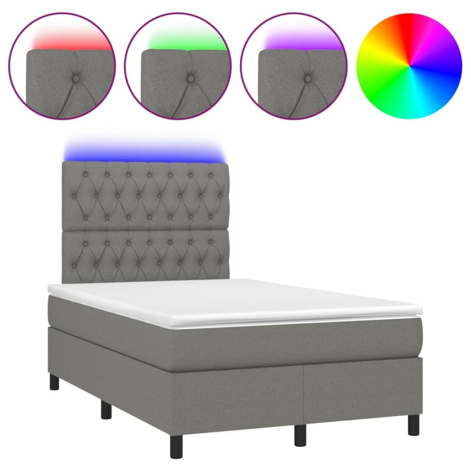 Cama box spring con colchón y LED tela gris oscuro 120x200