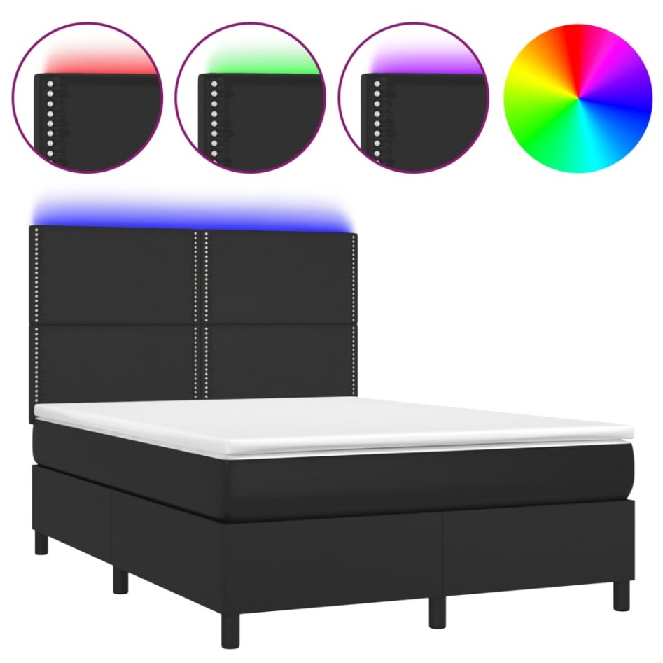 Cama box spring colchón y LED cuero sintético negro 140x200