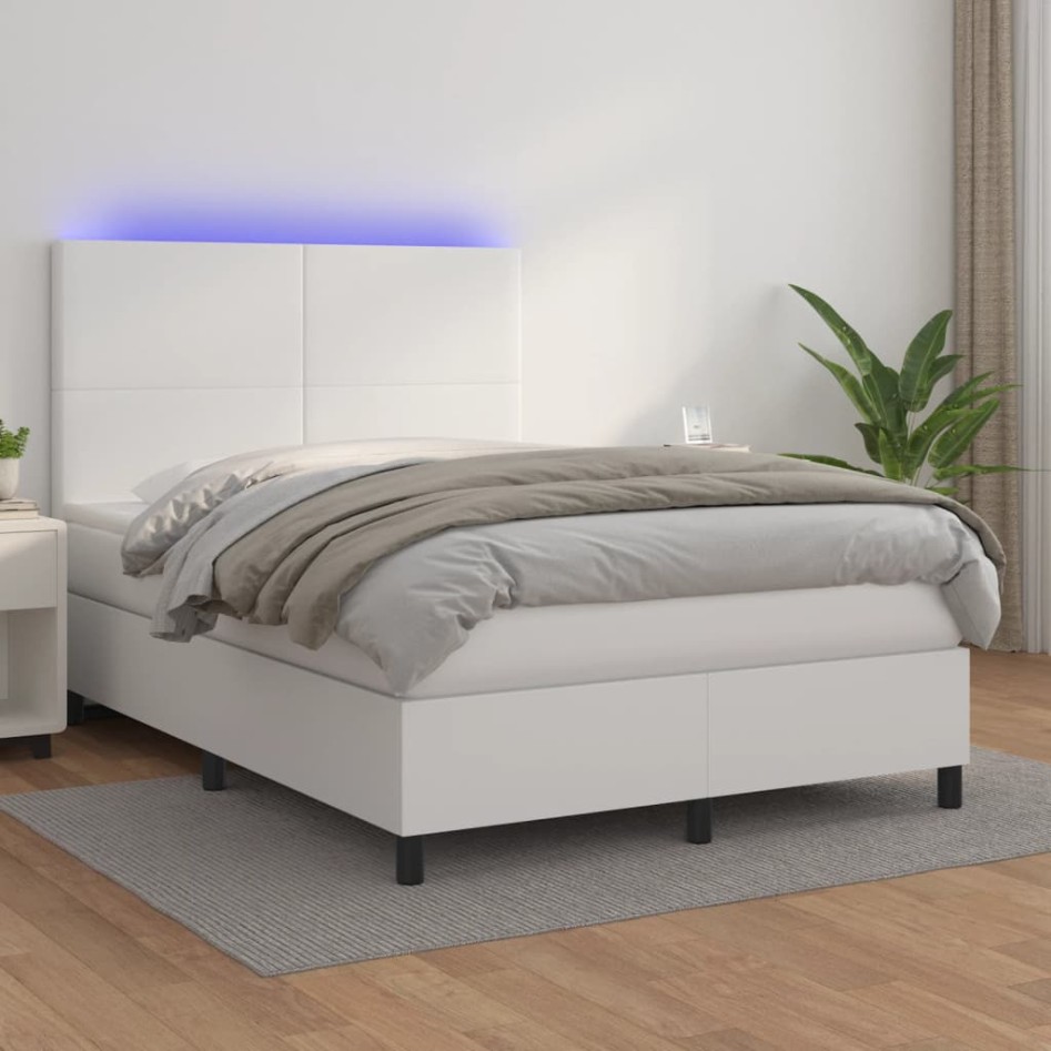 Cama box spring colchón y LED cuero sintético blanco 140x200
