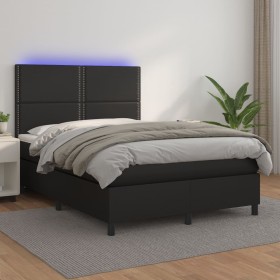Cama box spring colchón y LED cuero sintético negro 140x190
