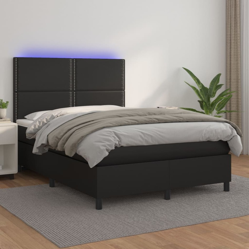 Cama box spring colchón y LED cuero sintético negro 140x190
