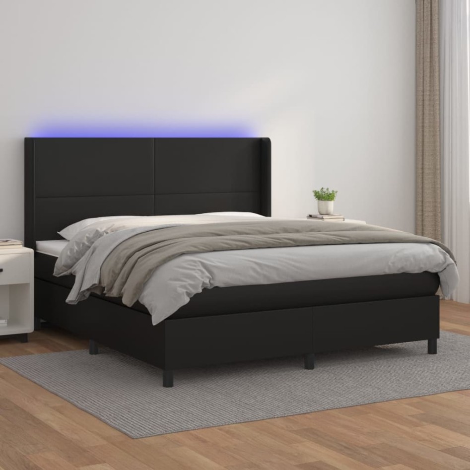 Cama box spring colchón y LED cuero sintético negro 160x200