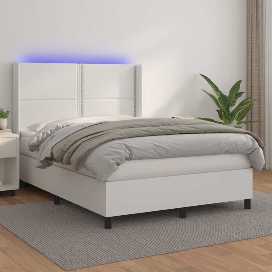 Cama box spring colchón y LED cuero sintético blanco 140x190