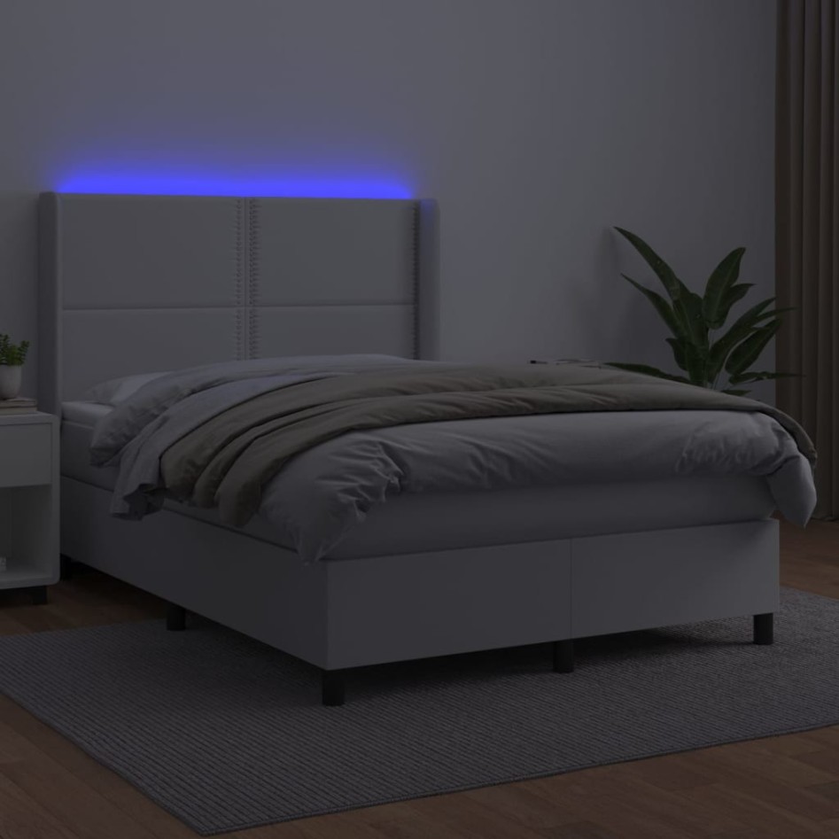 Cama box spring colchón y LED cuero sintético blanco 140x190