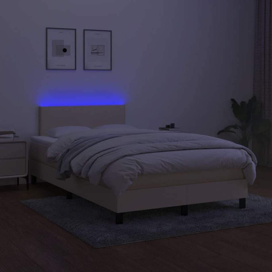 Cama box spring con colchón y LED tela crema 120x200
