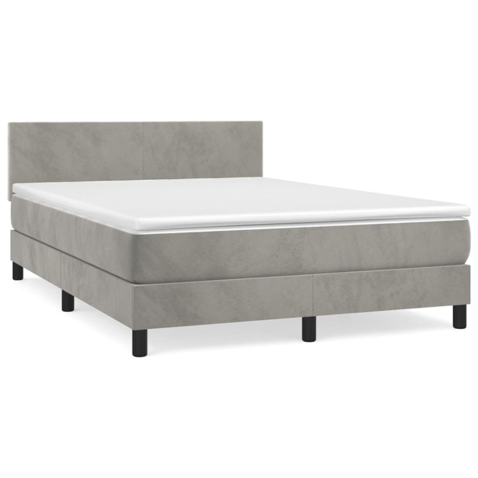 Cama box spring con colchón terciopelo gris claro 140x190