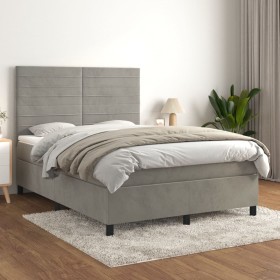 Cama box spring con colchón terciopelo gris claro 140x190