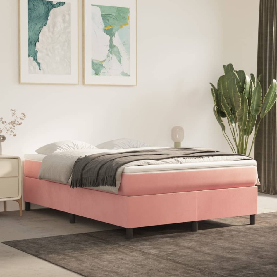 Cama box spring con colchón terciopelo rosa 140x190