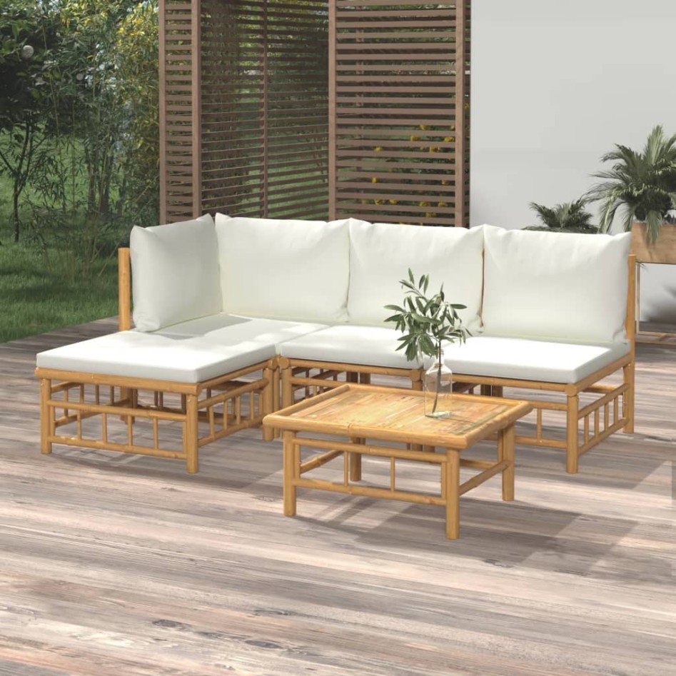 Set de muebles de jardín 5 piezas bambú y cojines blanco