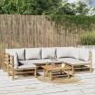 Set de muebles de jardín 7 piezas bambú y cojines gris claro
