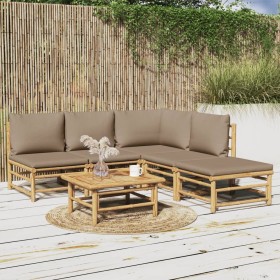 Set de muebles de jardín 6 piezas bambú con cojines gris